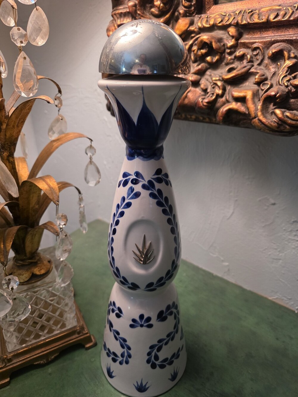 Blue and White Ceramic Tequlia Clase AzulTequila Bottle with Silver Cap--empty.
